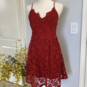 ASTR Red Lace Overlay Mini A-Line Dress Size M